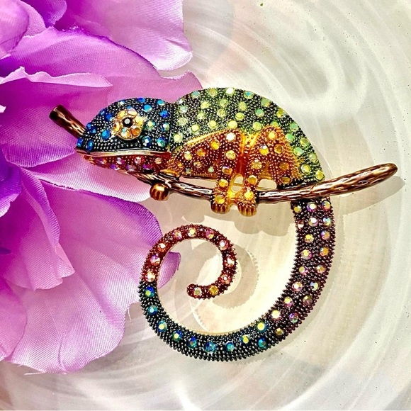 BETSEY JOHNSON Sparkling Rainbow Cubic Zirconia Chameleon Gold Statement Brooch - Picture 7 of 10